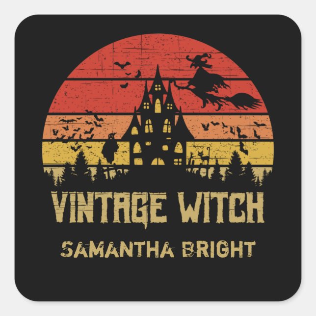 Halloween Distressed Vintage Witch Retro Sunset Square Sticker (Front)