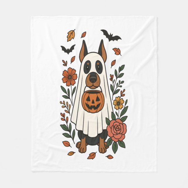 Halloween Doberman Pinscher Flowers Fleece Blanket (Front)