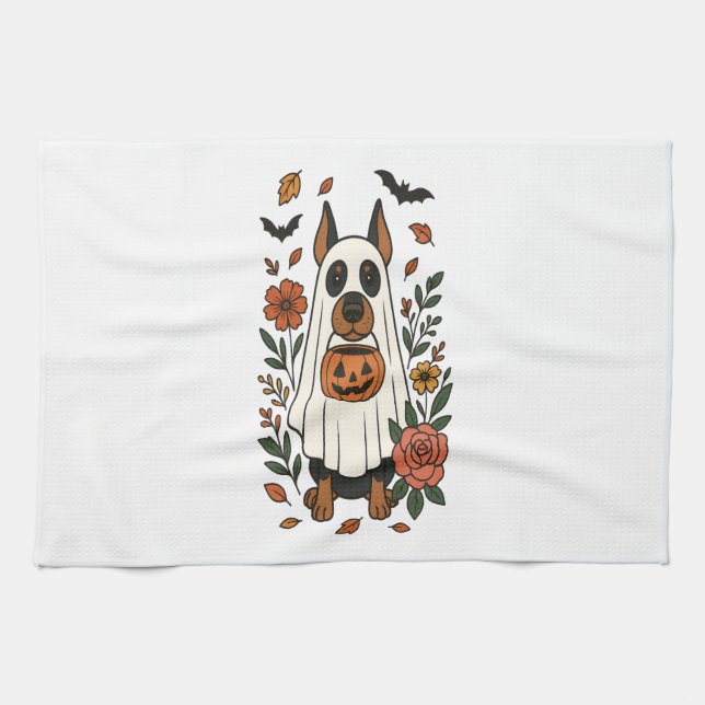 Halloween Doberman Pinscher Flowers Tea Towel (Horizontal)