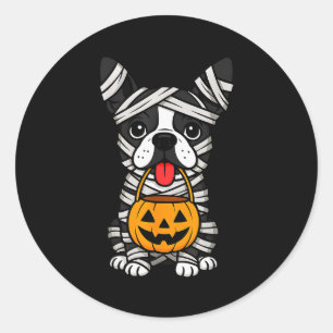 Halloween Dog Boston Terrier Mummy Costume Men Wom Classic Round Sticker