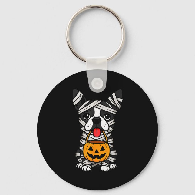 Halloween Dog Boston Terrier Mummy Costume Men Wom Key Ring (Front)