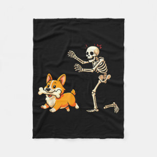 Halloween Dog Funny Skeleton Chasing Corgi Dog Fleece Blanket