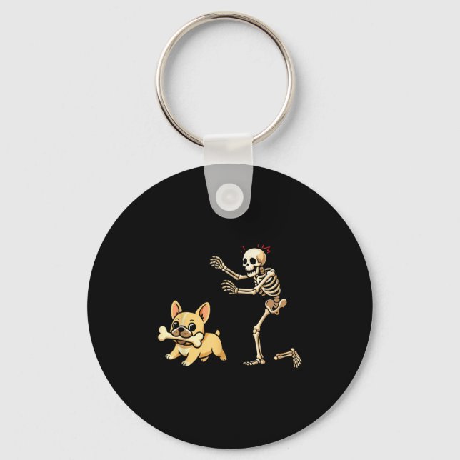 Halloween Dog Funny Skeleton Chasing French Bulldo Key Ring (Front)
