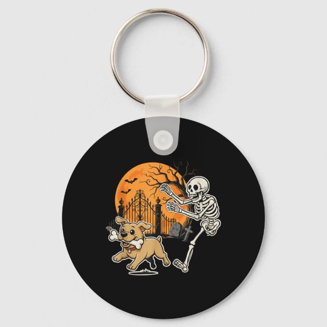 Halloween Dog Funny Skeleton Chasing Graveyard Key Ring (Front)