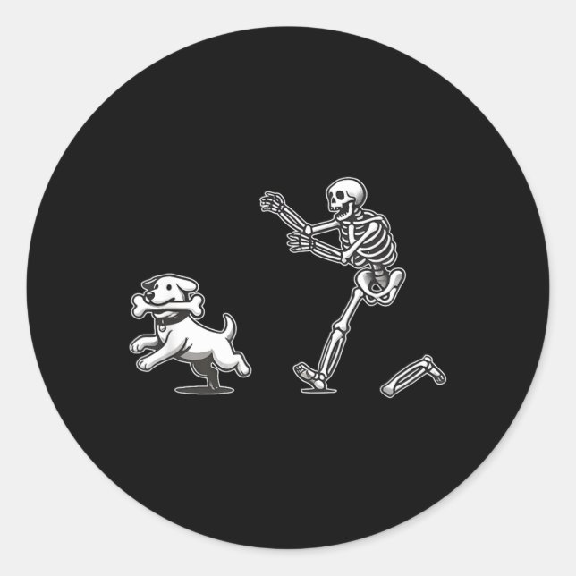 Halloween Dog Funny Skeleton Skeleton Chasing Dog Classic Round Sticker (Front)