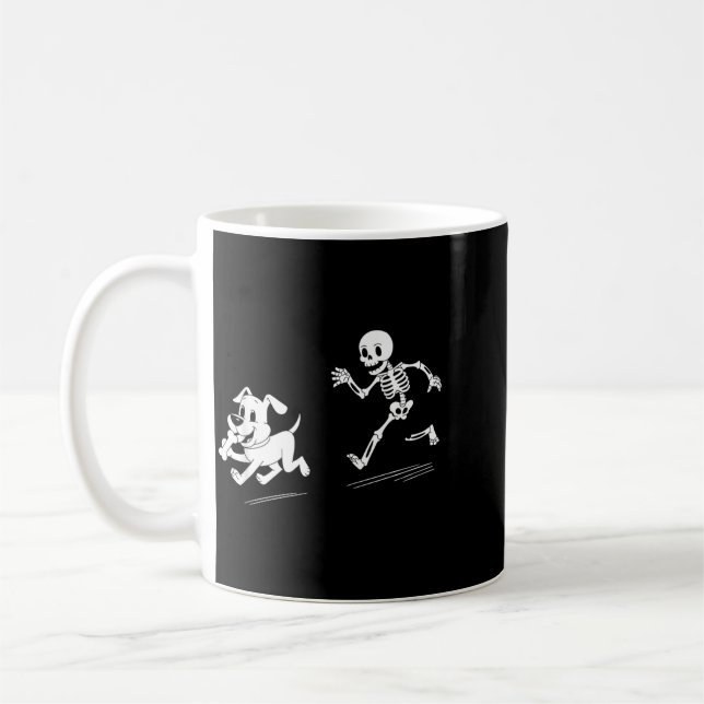 Halloween Dog Funny Skeleton Skeleton Chasing Dog Coffee Mug (Left)