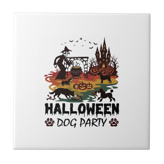 Halloween Dog Party Witch Dogs Pumpkins Castle_1 Ceramic Tile (Front)