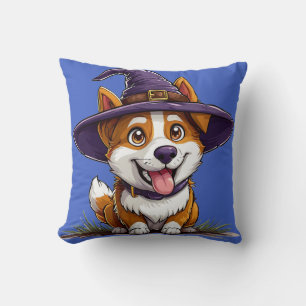 Halloween Dog Wearing a Witch Hat Cushion