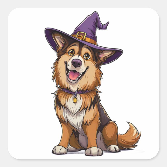 Halloween Dog Wearing Purple Wizard Hat Square Sticker (Front)