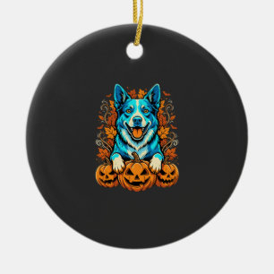Halloween Dog With Jack O Lantern Pumpkins_1 Ceramic Ornament