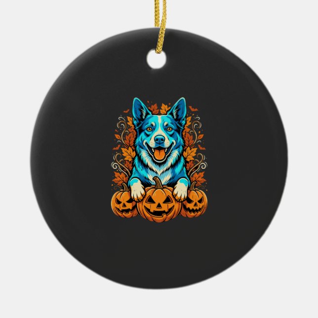 Halloween Dog With Jack O Lantern Pumpkins_1 Ceramic Ornament (Front)