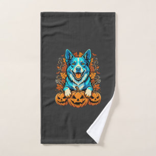 Halloween Dog With Jack O Lantern Pumpkins_1 Hand Towel