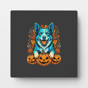 Halloween Dog With Jack O Lantern Pumpkins_1 Plaque