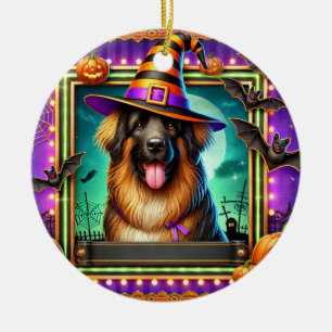Halloween Dog With Witch Hat Ceramic Ornament
