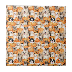 Halloween Dogs - Cute Dog Breeds with Pumpkin 2 Ceramic Tile
