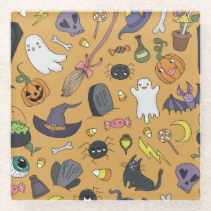 Halloween Doodle Objects Seamless Pattern Glass Coaster