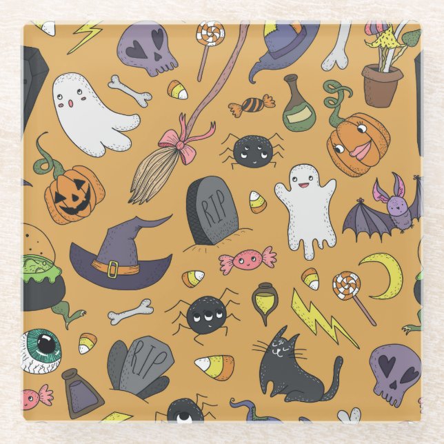 Halloween Doodle Objects Seamless Pattern Glass Coaster (Front)