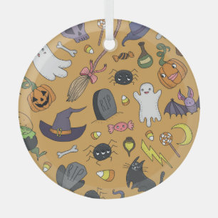 Halloween Doodle Objects Seamless Pattern Glass Tree Decoration