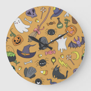 Halloween Doodle Objects Seamless Pattern Large Clock