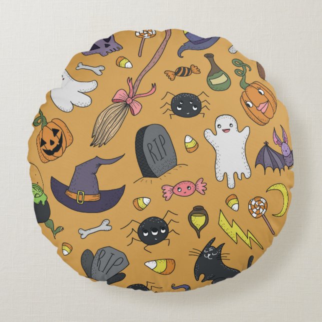 Halloween Doodle Objects Seamless Pattern Round Cushion (Front)