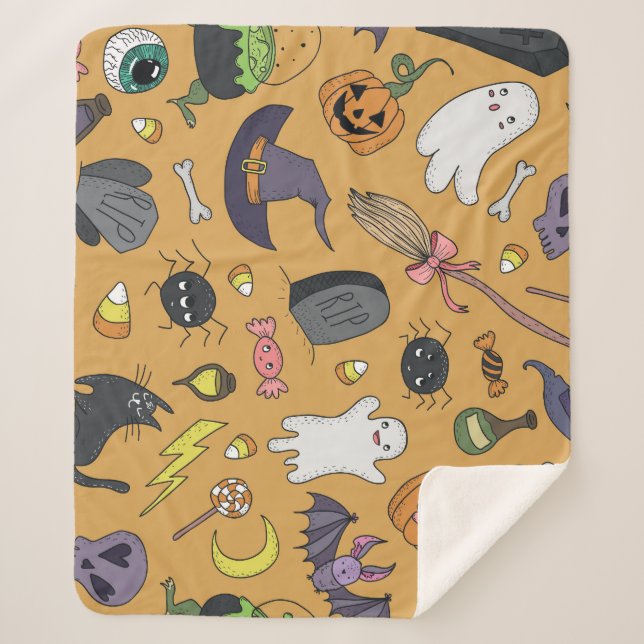 Halloween Doodle Objects Seamless Pattern Sherpa Blanket (Front)