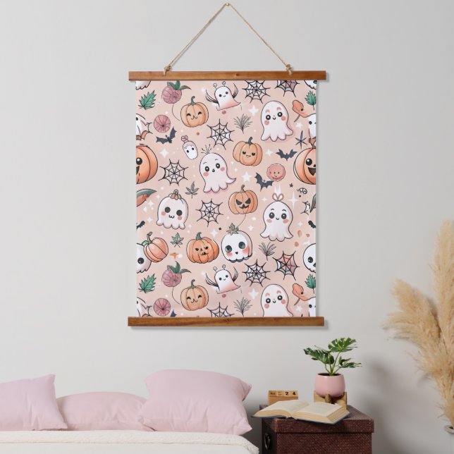 Halloween Doodle Pattern with Ghosts & Pumpkins 2 Hanging Tapestry (Bedroom)