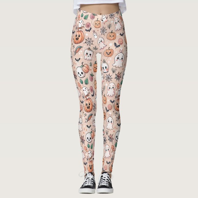 Halloween Doodle Pattern with Ghosts & Pumpkins 2 Leggings (Front)