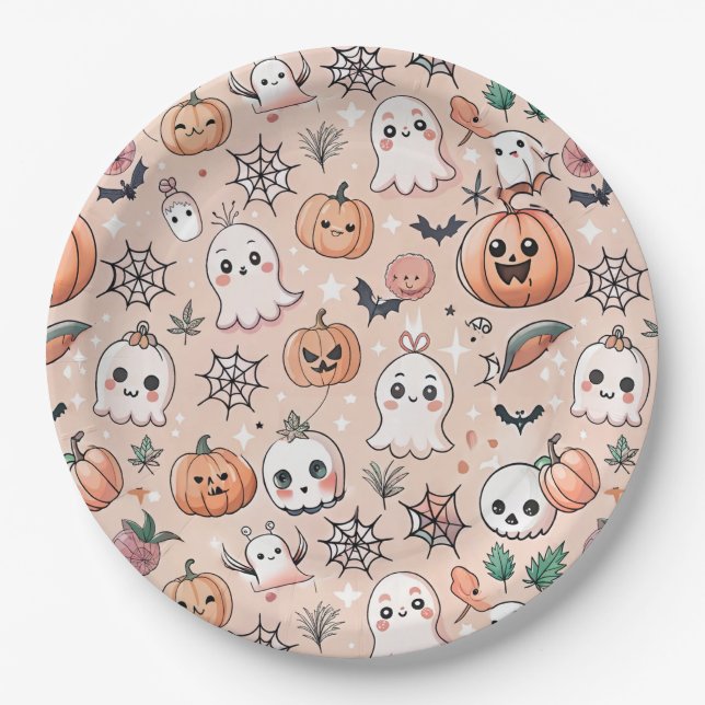 Halloween Doodle Pattern with Ghosts & Pumpkins 2 Paper Plate (Front)