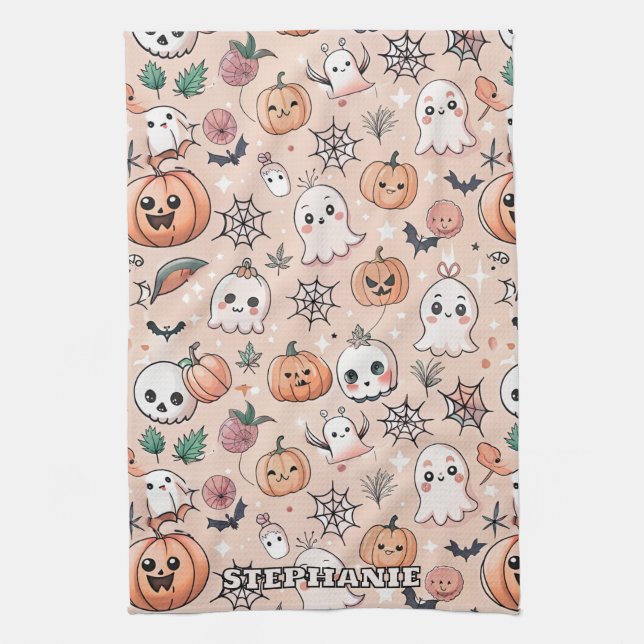 Halloween Doodle Pattern with Ghosts & Pumpkins 2 Tea Towel (Vertical)