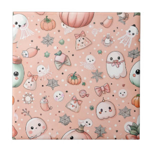 Halloween Doodle Pattern with Ghosts & Pumpkins Ceramic Tile