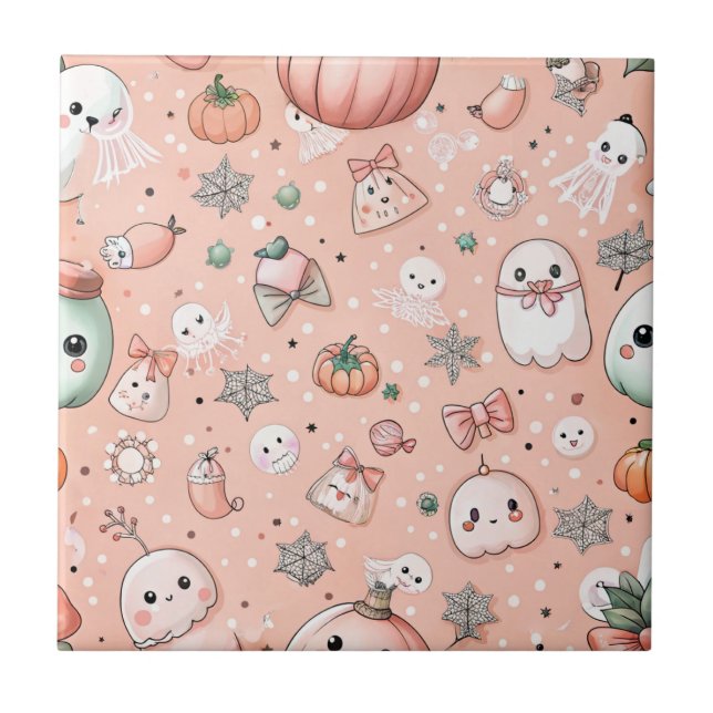 Halloween Doodle Pattern with Ghosts & Pumpkins Ceramic Tile (Front)