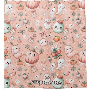 Halloween Doodle Pattern with Ghosts & Pumpkins Shower Curtain