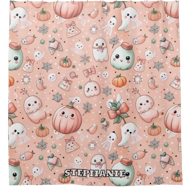 Halloween Doodle Pattern with Ghosts & Pumpkins Shower Curtain (Front)
