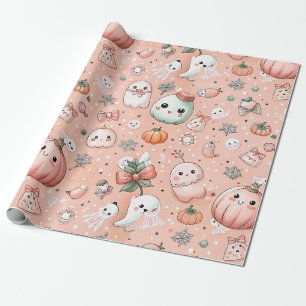Halloween Doodle Pattern with Ghosts & Pumpkins Wrapping Paper
