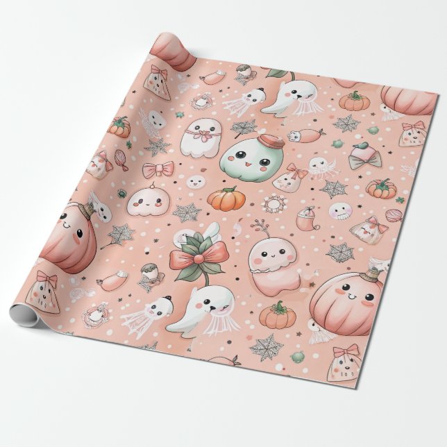 Halloween Doodle Pattern with Ghosts & Pumpkins Wrapping Paper (Unrolled)