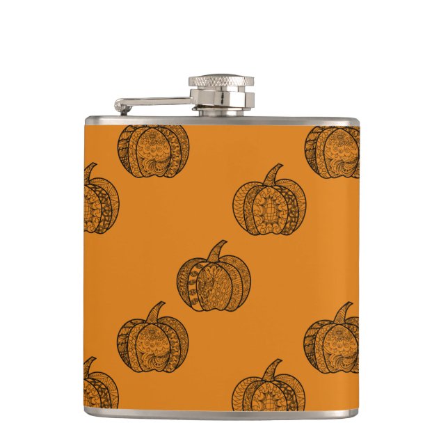 Halloween doodles boho mandala pumpkins Autumn Hip Flask (Front)