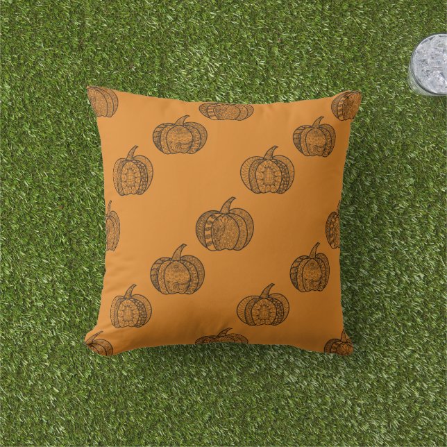 Halloween doodles boho zentangles pumpkins Autumn Cushion (Grass)