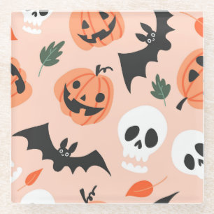 Halloween doodles, pumpkins, bats pattern. glass coaster