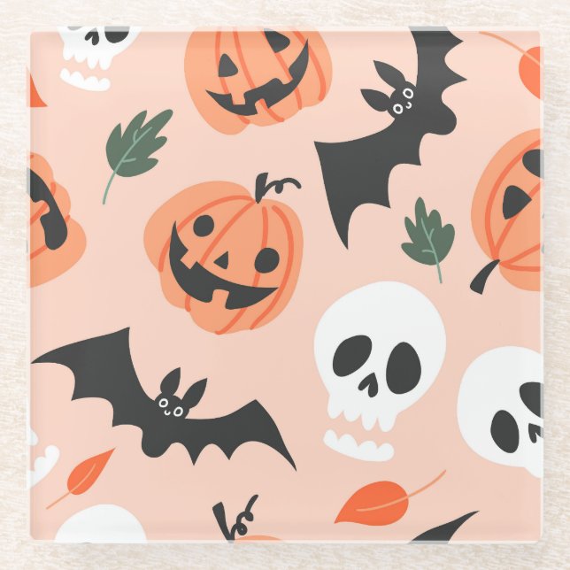 Halloween doodles, pumpkins, bats pattern. glass coaster (Front)