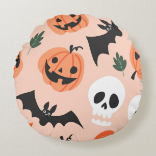 Halloween doodles, pumpkins, bats pattern. round cushion