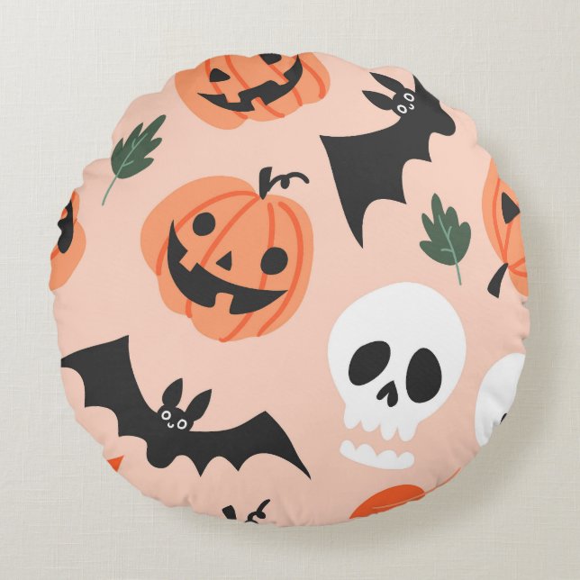 Halloween doodles, pumpkins, bats pattern. round cushion (Front)