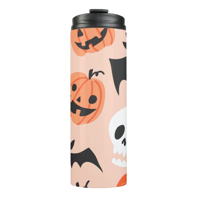 Halloween doodles, pumpkins, bats pattern. thermal tumbler (Front)