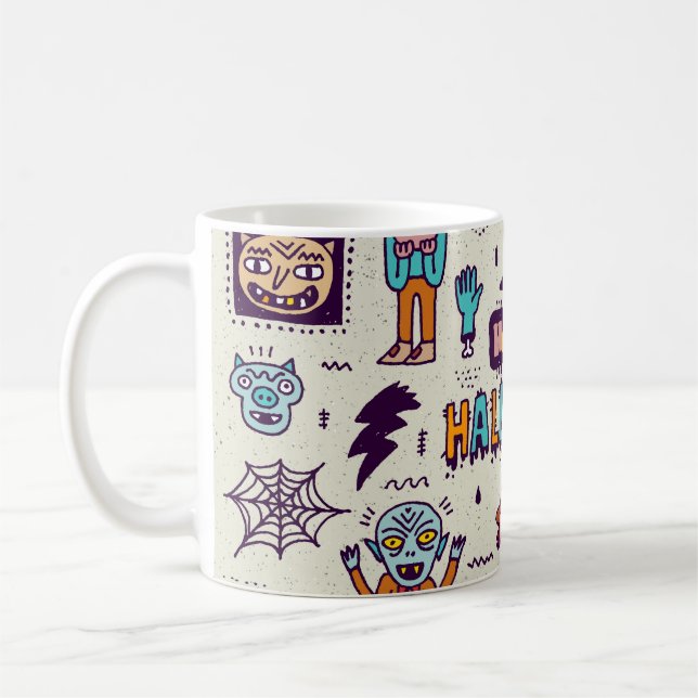 Halloween doodles, wacky cartoon seamless set. coffee mug (Left)