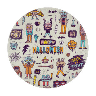 Halloween doodles, wacky cartoon seamless set. cutting board
