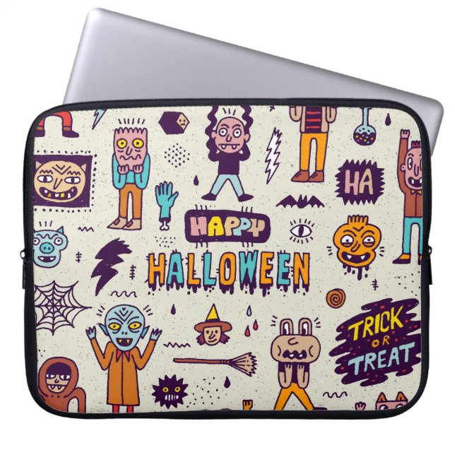 Halloween doodles, wacky cartoon seamless set. laptop sleeve (Front)