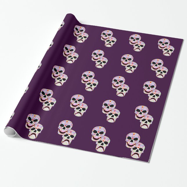 Halloween DOTD Comedy-Tragedy Skulls Wrapping Paper (Unrolled)