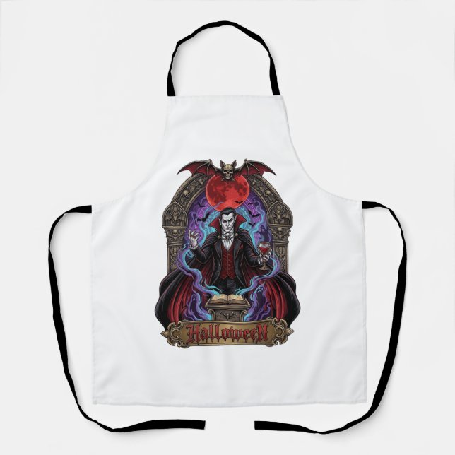 Halloween Dracula Red Moon Bats Skull_1 Apron (Front)