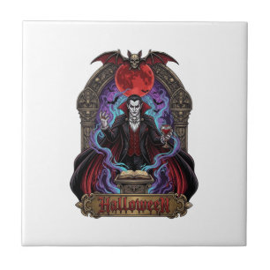 Halloween Dracula Red Moon Bats Skull_1 Ceramic Tile