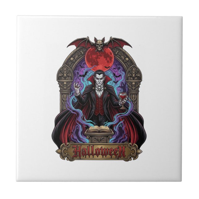 Halloween Dracula Red Moon Bats Skull_1 Ceramic Tile (Front)