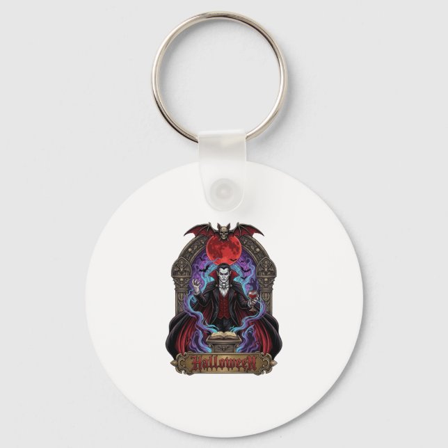 Halloween Dracula Red Moon Bats Skull_1 Key Ring (Front)